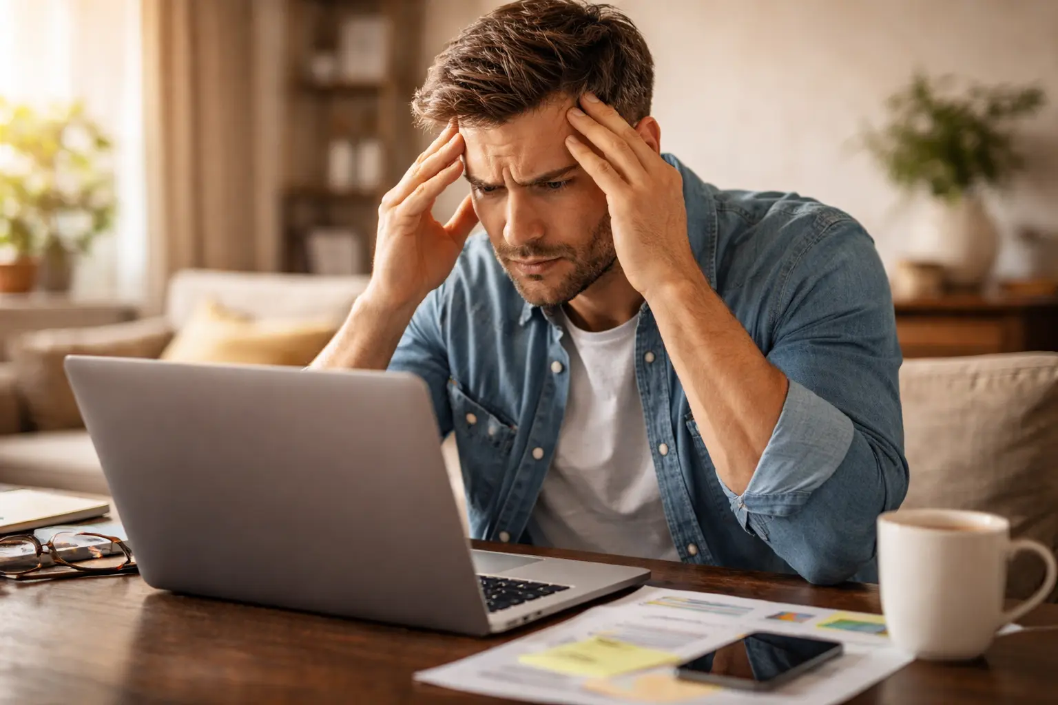 Persona frustrata davanti al laptop che non riesce a prenotare