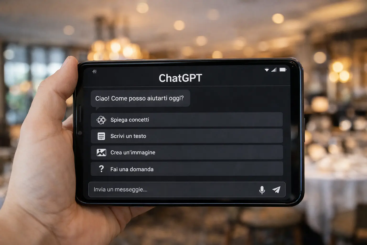 Turista che usa smartphone con ChatGPT per cercare ristoranti e hotel