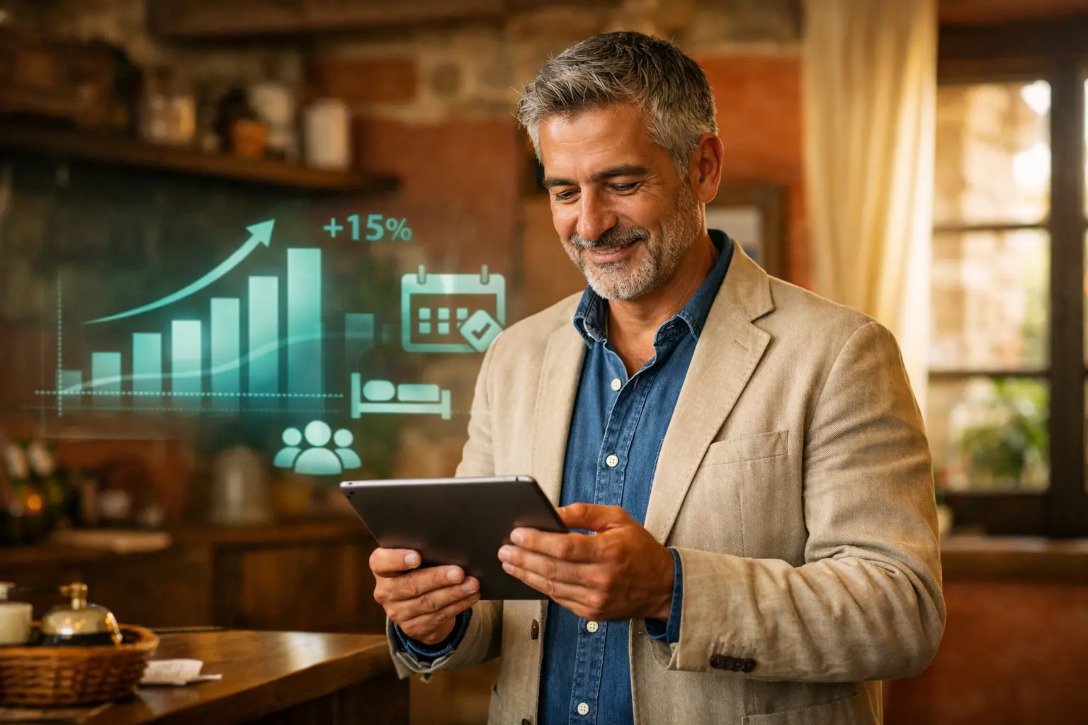 Imprenditore italiano che usa tablet per gestire attività, grafici di crescita