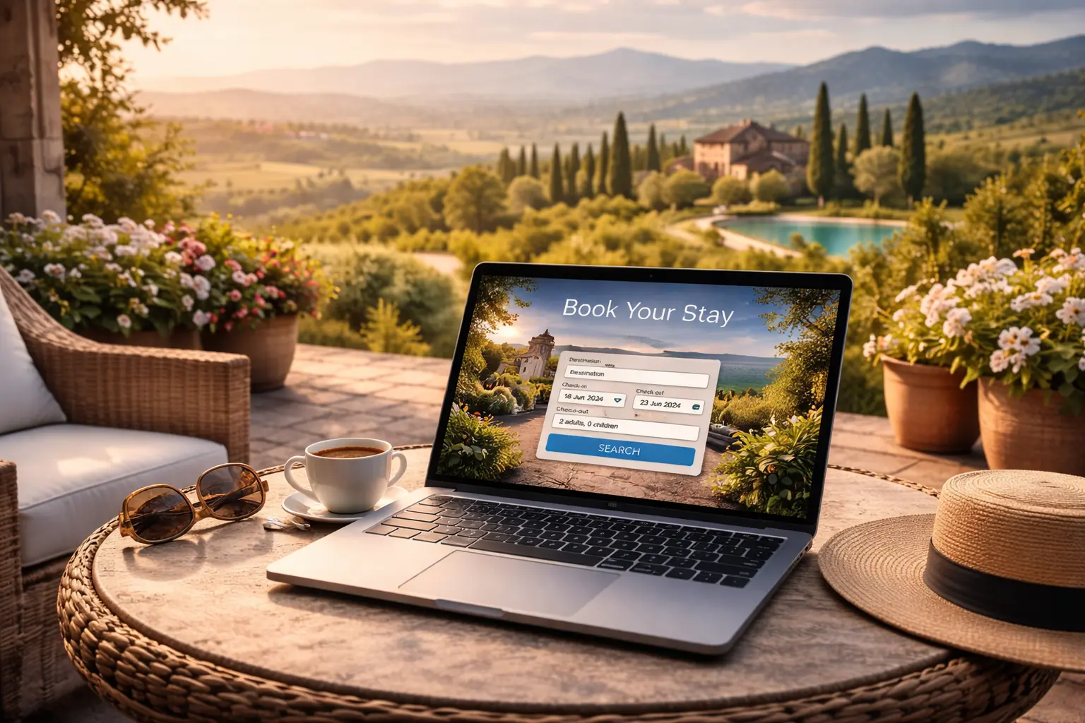 B&B con vista collinare e laptop che mostra sistema di prenotazione