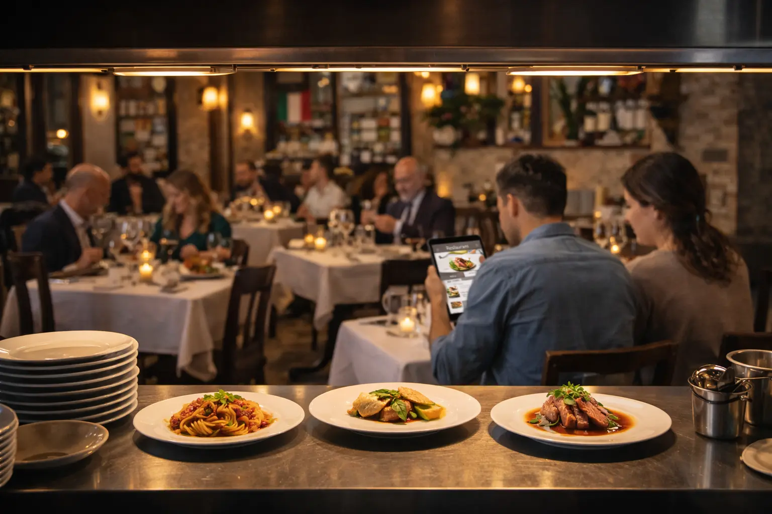 Ristorante elegante con tablet che mostra menu digitale e sistema prenotazioni