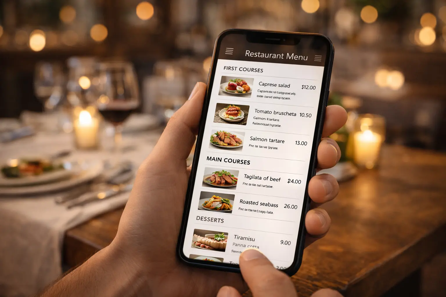 Smartphone che mostra menu digitale di un ristorante con foto dei piatti