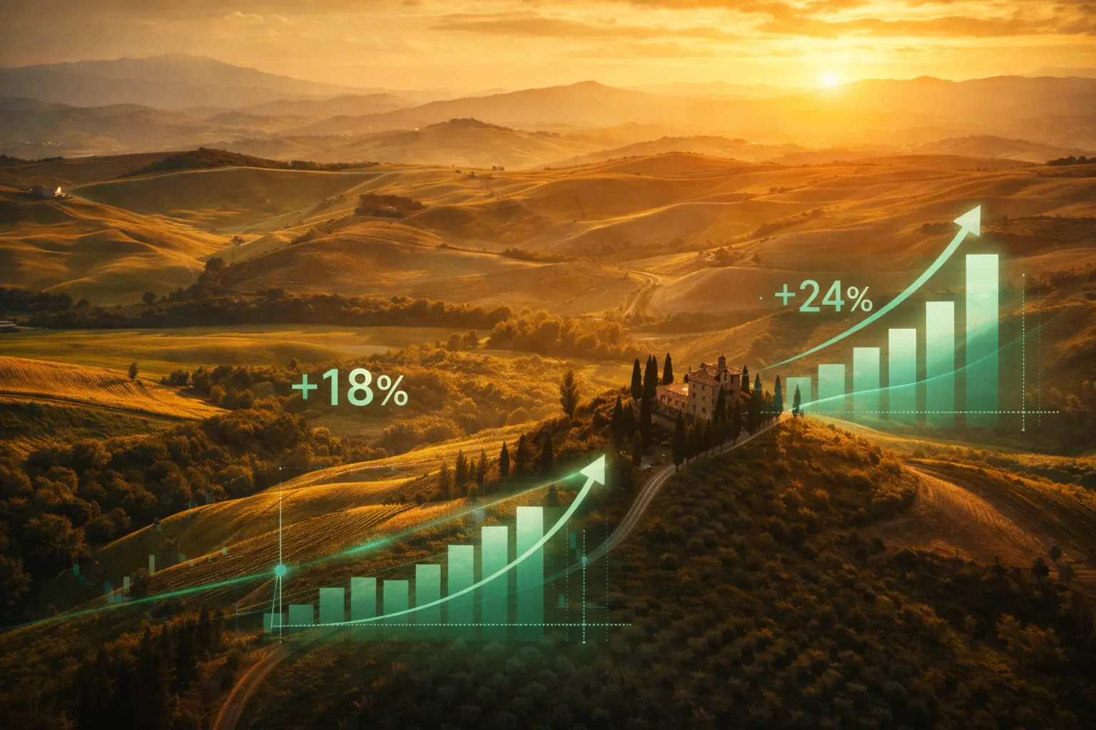 Mappa dell'Italia con icone turistiche e grafici di crescita